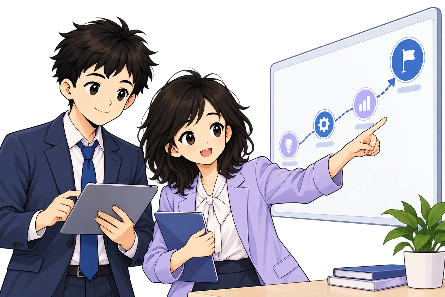 Two business professionals planning a roadmap together